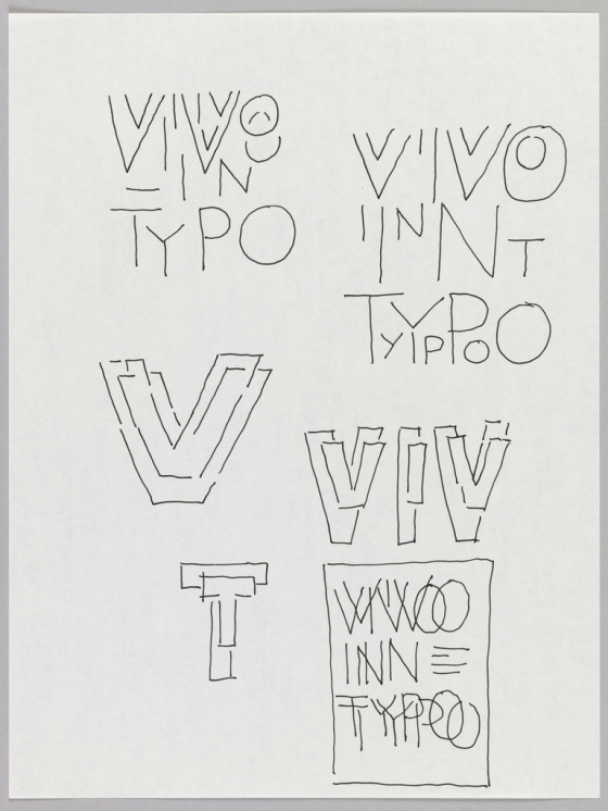 Vivo in Typo in six drawings, one of which is enclosed in a rectangle in lower right. In the upper right, the phrase is written with each letter twice, alternating between large and small type (i.e. TyYpPoO). Several experiments with overlapping block lettering (