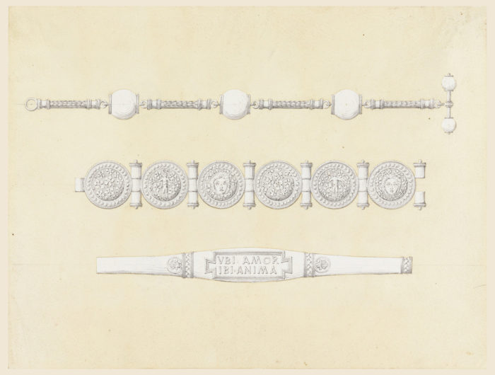 Three jewelry designs, each below the other. The watch chain has three balls connected by thin pieces of chain. The first bracelet has six sheild-like disks connected by joints. The second bracelet has a center section inscribed "VBI AMOR / IBI ANIMA."