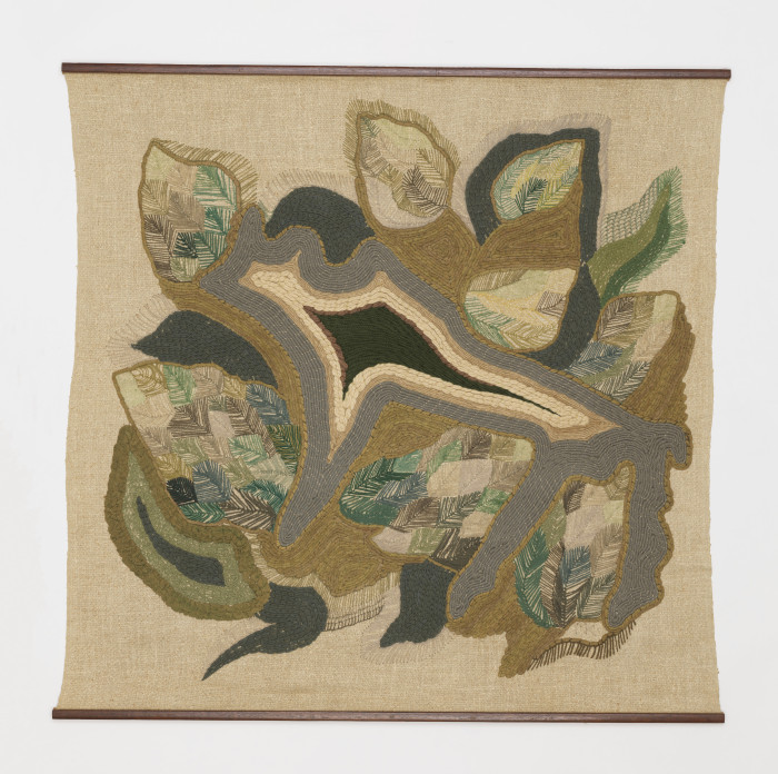 Hanging: "Fields from the Air," 1950–53, USA, designed and embroidered by Mariska Karasz (American, b. Hungary, 1898–1960), linen, wool and cotton embroidery on linen panel, Gift of Elizabeth Gordon, 1964-24-39
