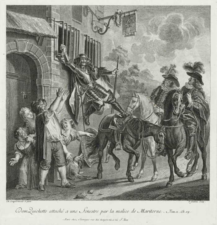 Shows Don Quixote hanging out of a window, his feet trying to nudge his horse