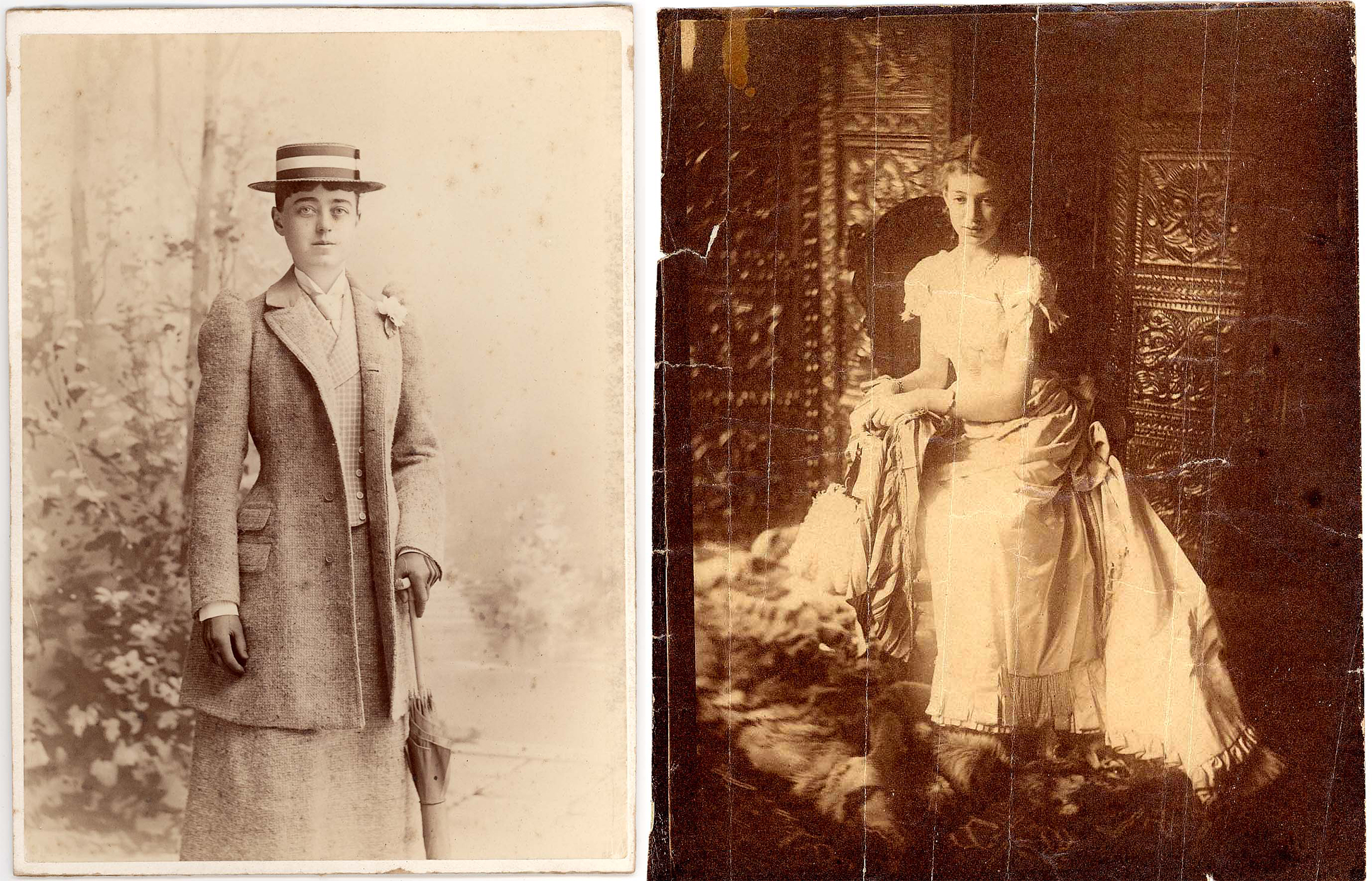 Composite image of two photographs side by side. The photograph on the left is of a young woman in her twenties standing wearing a boating hat, a long coat, skirt, and holding a folded umbrella in her left hand. She looks at the viewer and there is foliage behind her. The picture on the right is of another young woman, seated and looking down. She wears a long dress.