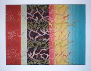 Early woven textile by Patricia Kinsella, abstract pattern of branching forms on a background of shaded vertical stripes of red, white, black, pink, yellow, and light blue.