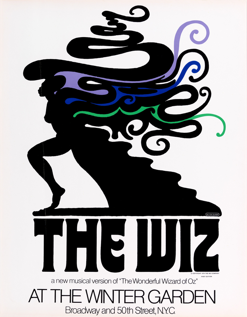 Tan poster with central image in black of a woman in profile, walking to the left, with abstract swirls in black, violet, blue and green radiating off her head and back, reminiscent of smoke. What appears to be the train of a dress takes the form of stairs or waves underneath these swirls. Below, text in large black letters: THE WIZ / [in smaller letters:] a new musical version of 'The Wonderful Wizard of Oz'/ AT THE WINTER GARDEN / Broadway and 50th Street, N.Y.C.