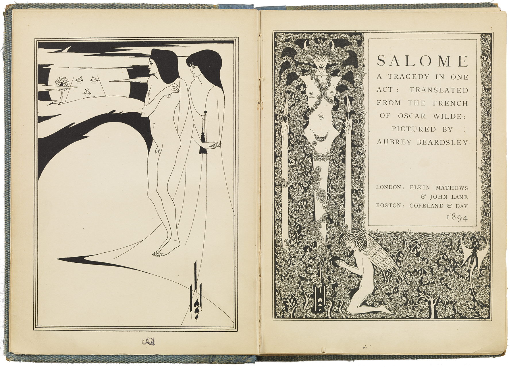 Open spread of an illustrated book. On the left is a full-page black-and-white image of two elongated figures looking at a third figure that resembles a full moon. On the right is the book's title page. Two figures are embedded in intricate foliage. A rectangle with a blank background contains the title: 