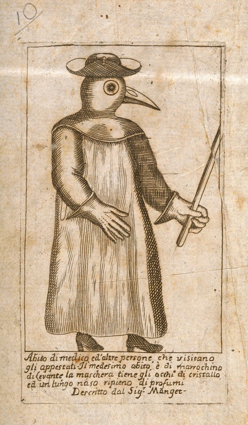 Sepia-toned drawn plague doctor in profile dressed in a long overcoat, a bird-like mask with a curved beak and a round, glass-shield eye, a wide-brimmed hat, thick gloves and heeled boots