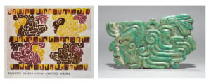 Two side-by-side images of a textile design, featuring two rows of stylized Mayan masks in brown, purple, and yellow, and the other picturing a Mayan carved green stone.