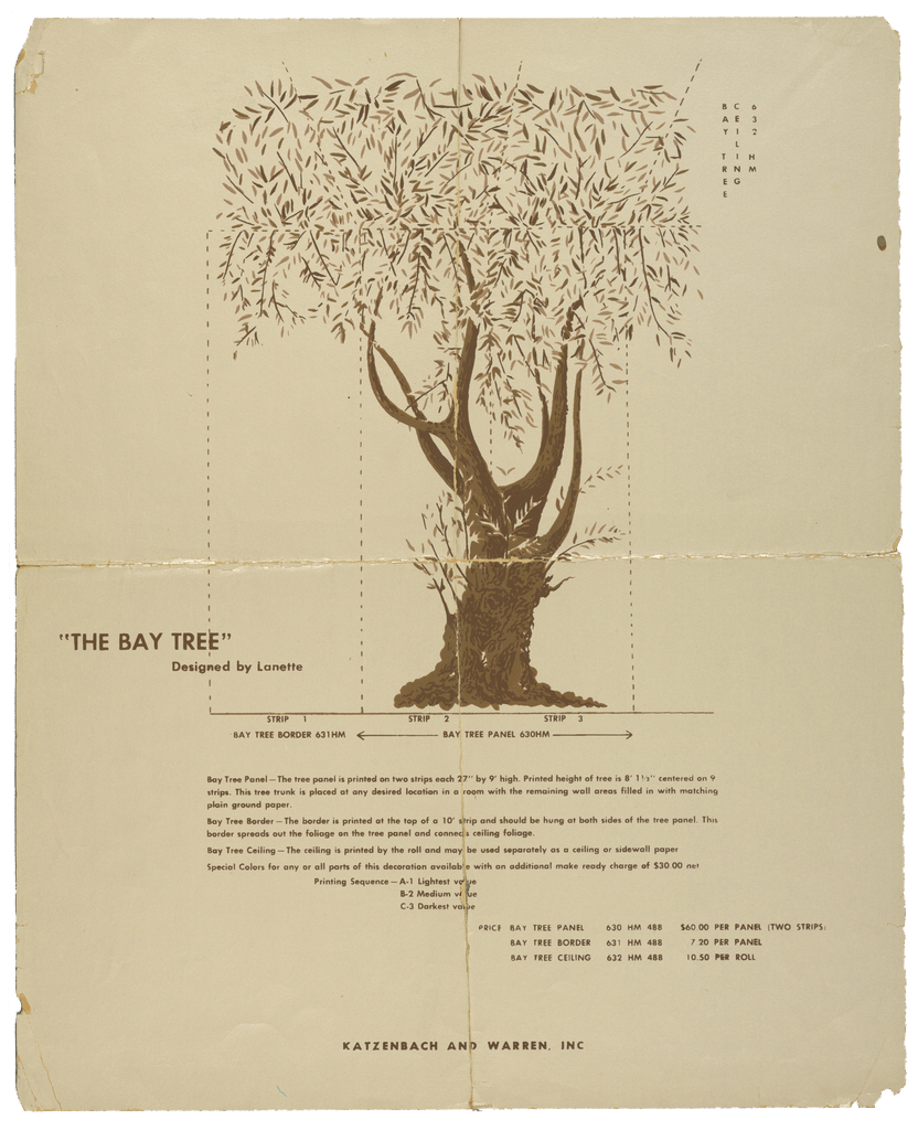 On beige paper, a simple, brown illustration of a tree with a thick trunk and willowy leaves is annotated with instructions and measurements.