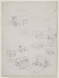 Various working sketches scattered over page. Floor plans at center and lower left; one elevation at center, left; two exterior aerial perspectives above, two exterior aerial perspectives below, plus additional notations.