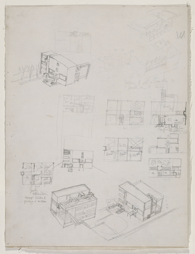 Various working sketches scattered over page. Floor plans at center and lower left; one elevation at center, left; two exterior aerial perspectives above, two exterior aerial perspectives below, plus additional notations.