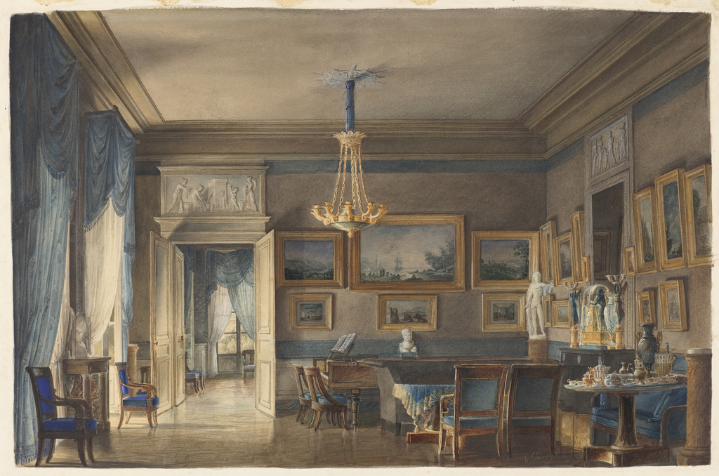 Detailed elements of the Empire period. Buff walls banded in blue serve as the color scheme of the salon and the adjoining room.