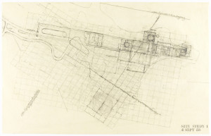 This early drawing of the Getty complex layout shows the architect developing the orientation and regulating grids for the architecture which are based on the 22.5 degree angle of the San Diego Freeway as it comes from the south and bends to the north below the Center.