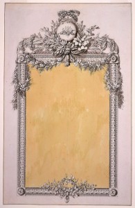 Vertically oriented rectangular mirror framed with moldings intertwined with floral garlands at the top. The garlands and other floral motifs frame a sphere with Marie Antoinette's monogram. Top center of frame is decorated with two doves, a garland from which is suspended a wreath with two arrows and a tassel. Below, a six-armed chandelier. Frame is decorated with flower vases, candelabra, acanthus leaves and a basket of flowers at bottom center.