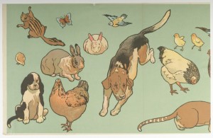 Animals outlined with thick black line. Farm and domestic animals, including dogs, chickens, rabbits, bird and chipmunk or squirrel. Printed in colors on a green ground. The paper could be applied as is forming a frieze or the animals could be cut out and pasted to the wall or pinned to a fabric wallcoverings.