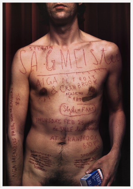 Poster is both announcement of an AIGA program and a self portrait of the designer. Color photographic reproduction of designer shown from mouth to lower waist and holding package of "Duane Reade" brand band-aids in right hand against red drapery. Text is inscribed on body with X-acto knife. Bandage below his right nipple region.