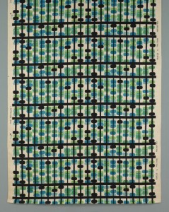 Length of printed linen with heavy horizontal stripes and narrower vertical stripes in black, with irregularly spaced ovals, as the beads of an abacus, in black, blue and green on a natural linen ground.