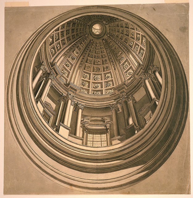 Image features a drawing showing a view looking up into a circular coffered cupola, sculpted with flowers. An entablature consisting of three windows separated by pillars supports the interior ceiling. A lantern tops the cupola. Please scroll down to read the blog post about this object.