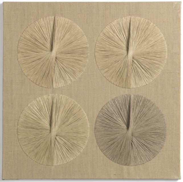 Four circles, each 11.5 inches in diameter, place in the four quarters of a square in natural linen on a natural linen background. Each circle is a fanning of stretched yarns floating on the surface of the foundation fabric produced by the progressive counter-clockwise placing of yarns on the diameter of the circle. A relief is created in the center of each circle as the yarns cross and build up one upon the other. The yarns are attached to the foundation fabric in the manner of embroidery.