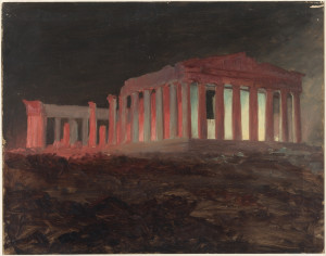View of the Parthenon temple lit up at night