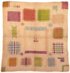 Square sampler with stitching in violet, pale blue, lime green, fuschia and yellow on a cream-colored linen ground. Eighteen crosses and four darned corners demonstrate different repairs in different weave structures. Large square in center was removed and darned back. Additionally, one corner square was cut out and then darned back into the fabric. The eighteen crosses and other three corners were cut away, then the fabric was rebuilt by darning or "needle weaving."
