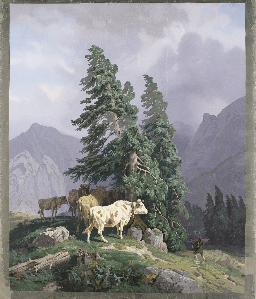 Five cows in Alpine scene with shepherd, thunderstorm drawing in distance. The printed image is surrounded by a three inch printed gray border.