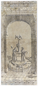 Pillar and arch design featuring monument to George Washington. Rounded arch flanked by Corinthian columns supporting ornate architrave. In opening, a fenced-in altar with inscription "Sacred to Washington", surmounted by urn and eagle, and flanked by mourning figures of Liberty and Justice. In front, trophies of war including arms, drum and flags. Printed in grisaille on originally blue, now gray ground.