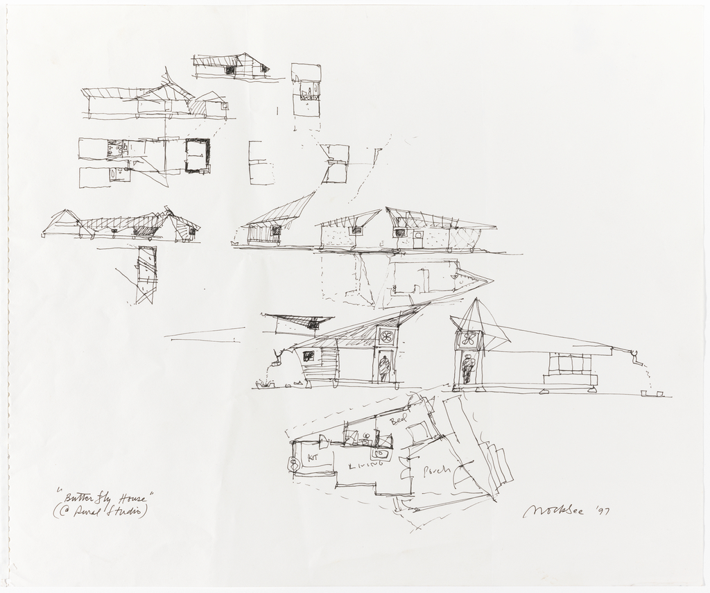 Fourteen different sketches showing plans, sections, and elevations of house. Reading from lower part of sheet: a full plan of house with v-shaped porch, living room, kitchen, bedroom and bathroom; two section views of house showing roof line: view into bedroom with door and fan in transum above; view from kitchen into bedroom with door and fan in transum.; four sections of rooms and walls showing sloping roof line; three drawings of plans including bathroom; two sections showing sloping roof line and bathroom.