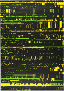 Black poster with abstract, futuristic yellow and green lines and boxes reminiscent of barcodes across entire poster. Black text overlayed on some of these bars from top to bottom