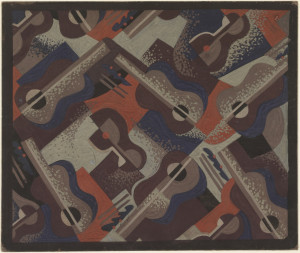Pattern in browns, terra cotta, and navy blue of violins and wine glasses in diagonal rows so that one row of violins (their necks facing away from each other) interchages with alternating wine glass, violin, wine glass, violin.