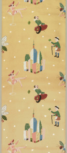 Cocktail or bar paper with motifs representing drinks including a Pink lady, Manhattan, Sidecar, Scotch and lime, and a Stinger. Printed in pink, green red, blue, silver, and black on a metallic copper ground. Embossed with horizontal ribbing.