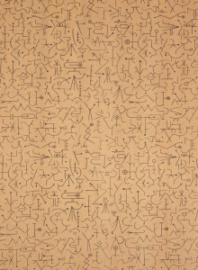 Length of printed cotton with an all-over fine linear design in black on a white ground. The figures seem to be inspired by hieroglyphs.