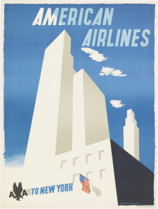 Image consists of abstract New York skyscrapers dominating the center. At lower right, the American flag hangs from a building. In bold block print in light blue and white, upper right: AMERICAN / AIRLINES; in blue, lower left: TO NEW YORK; lower left, the American Airlines logo.