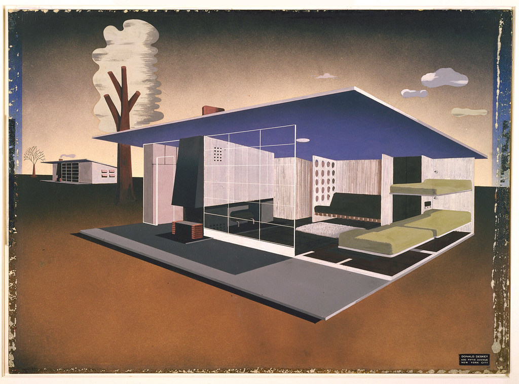 An isometric view of a prefabricated sportsman's cabin with slanted shed roof. Rooms include living area with sofa and fireplace, and sleeping quarter with three beds (two are bunked). This drawing was published in published in Robert W. Marks, "Donald Deskey's Sportshack..." Esquire, vol. 14 (August, 1940), p. 69. A model of Sportshack was exhibited at the Metropolitan Museum of Art's, Contemporary Industrial Design exhibition in 1940 and life-size at the America at Home exhibition in the 1940 season of the 1939-40 New York World's Fair.