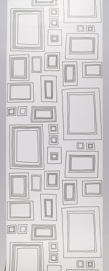 Children's interactive wallpaper containing 17 different picture frames of varying size. The frames are freely drawn in black line on a white ground. The empty frames are designed to be drawn in.