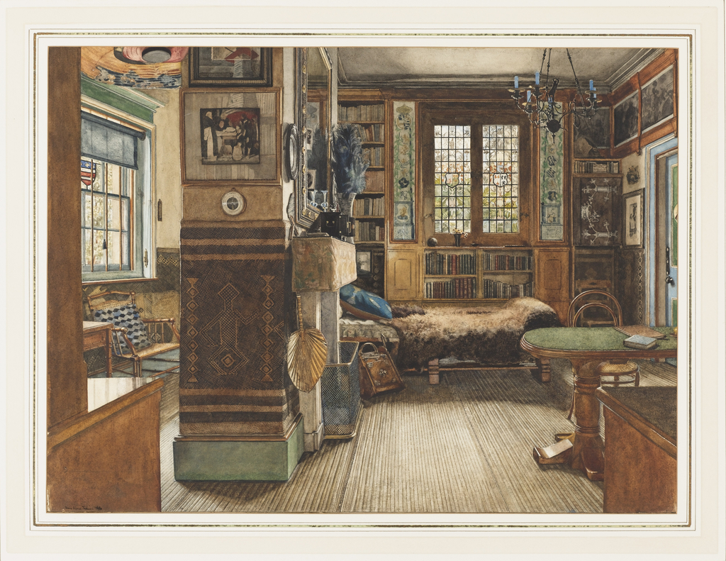 The library interior shows elements of the Aesthetic Movement. The furniture includes a fur-covered couch, bentwood chairs, a bamboo armchair and writing table, located in the neighboring room on the left.