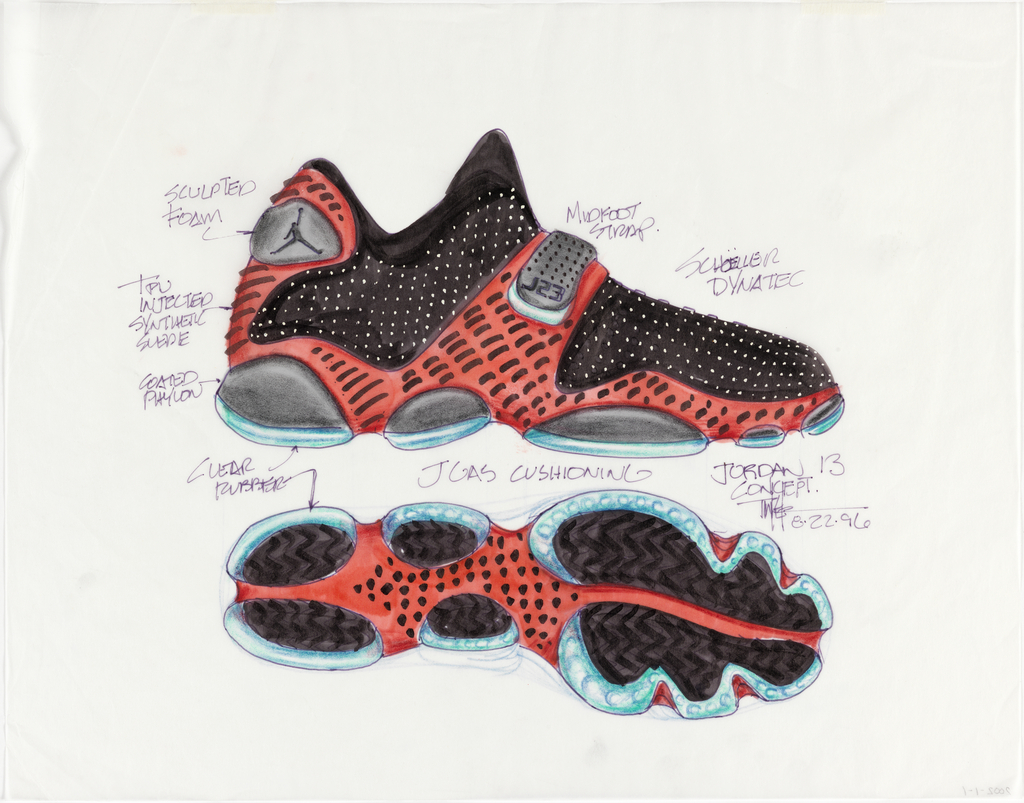 Two views of sneaker described with great energy and movement. Sneaker in profile (above) in red (with black dots) and black (with white spots) and clear plastic cushioning in black and turquoise. Logo of man dunking basketball on rear of shoe. Sneaker sole (below), segmented in globular compartments, in red, black, and turquoise.