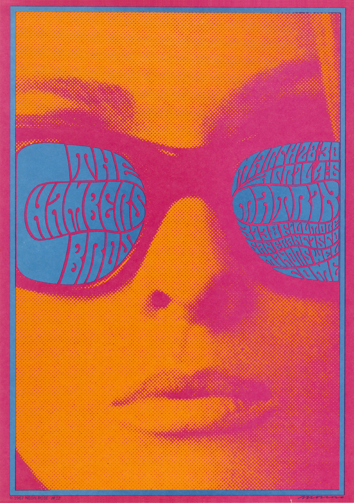 Closeup of a woman's face in orange and red/pink halftone print. In blue/grey text on woman's sunglasses, "The Chambers Bros" (left lens) and date/location of event (right lens). Thin solid border in same blue/grey as the text, inside a red outer-border.