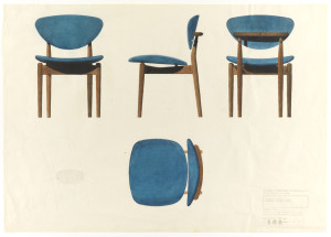 View of front, side, and back of wood and blue upholstered side chair, from left to right across upper half of sheet. Plan of side chair in the lower middle of sheet, with pre-printed multiple image of chair at lower left.