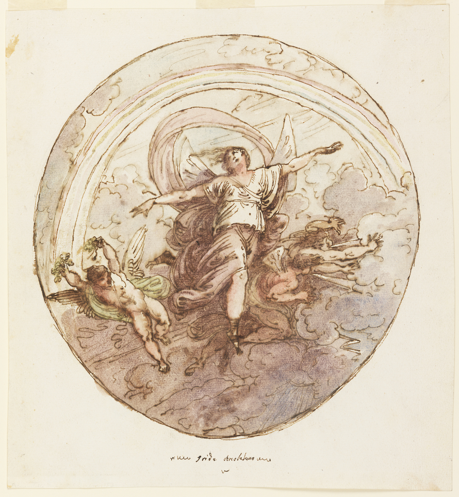 Iris flies with arms extended below a rainbow and above a thunderstorm. Beside her at left flies a putto with leaves in his hands, at right, two wind deities blow clouds.