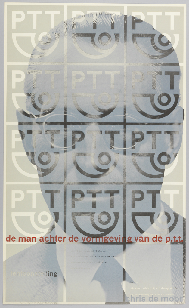 Exhibition poster with a black and white photo of a man with glasses from the shoulders up. Photo is covered with squares (5 vertically x 3 horizontally) printed to form an opaque layer on top of the photo. The top 4 rows of squares contain the logo of the Dutch Post Office, which is transparent, like the outlines of the squares. At the bottom of the 4th row of squares red title text. The bottom row of squares is inscribed with transparent text. "chris de moor" in grey text at bottom right.