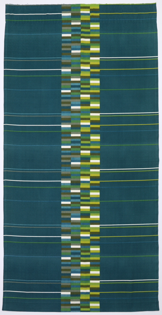 Length of printed cotton crepe with a teal blue ground and a wide central column made up of narrow horizontal rectangles in various shades of blue, green, yellow, white and gray; thin lines extend from the center to the edges of the fabric.