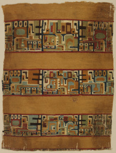 Fragment of a Peruvian tapestry-woven mantle with a rich ochre ground and three wide bands with highly stylized animal motifs in shades of blue, green, tan, white, black, and red, set off by narrow red guard stripes.