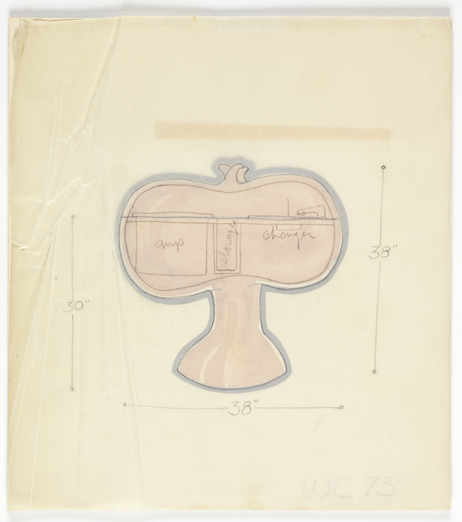 Black outline of an organic, bulbous form connected to a wide footed, trunk-like base. Three ornamental bud-shapes appear at top center. The form is bisected by a thin black horizontal line to suggest the lid line. The interior of the form is colored in a reddish-brown or sienna colored wash.