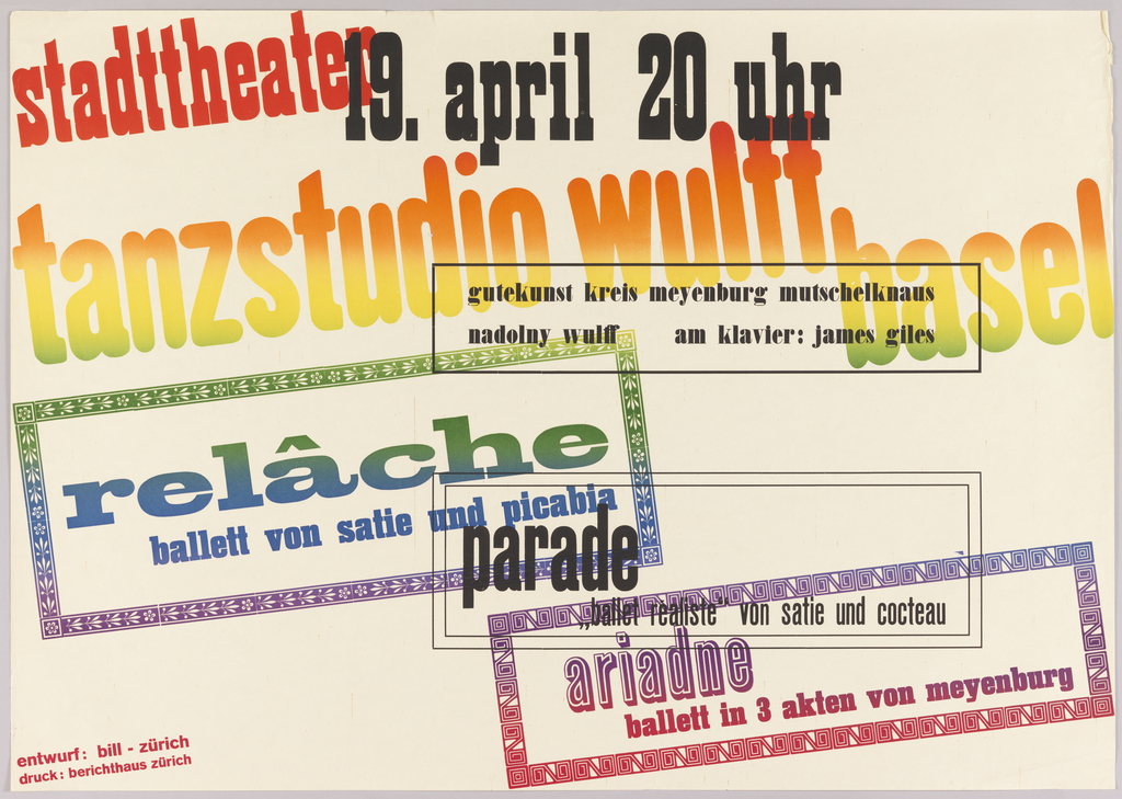 A mixture of different type fonts arranged on a diagonal opposition with rectilinear text blocks. Printed in "split-fountain" which produces color transitions from red at top left, through orange, yellow to green, blue, lavender and violet at bottom right corner.