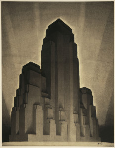 Rendering of very dark, monumental high-rise building consisting of tall set back central tower, flanked by two smaller towers, each with set back upper stories. Dramatic "fan" of light rays in background.