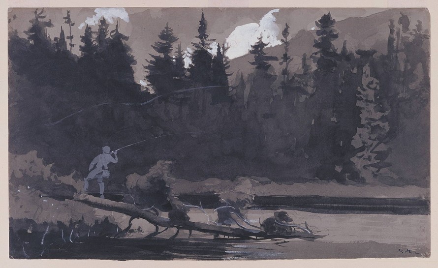 Horizontal view of a fisherman standing on a fallen tree trunk and casting his rod into a river or lake in the foreground, a dense forest of fir trees fills the middleground at the far side of the water's bank, and a view of white clouds and distant mountains fills the background.