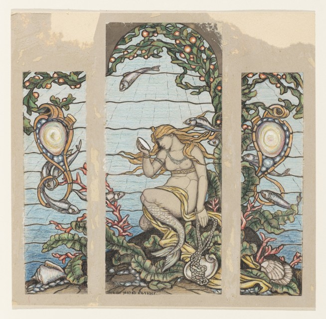 Narrow flanking panel for central composition. Pearl rocaille escutcheon swings from branch of under water plant, with fish swimming about. Large conch shell at bottom.