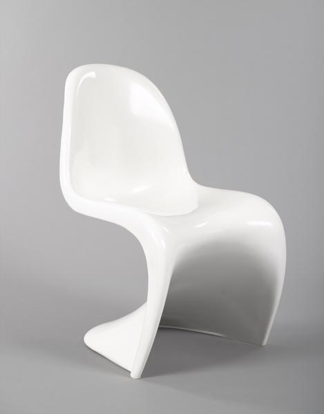 White, single-piece form of roughly S-shaped curved and contoured back, seat and cantilever base.