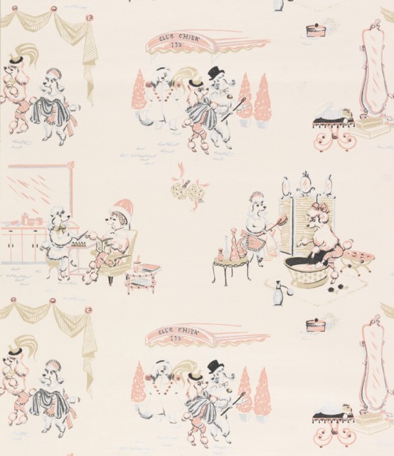 A variety of Parisian vignettes with poodles as characters. Printed in pink, black and silver on a pink ground. This is a pattern from the Sanitas Interim Line.