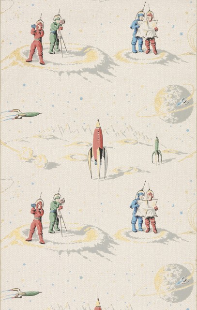Children's paper with outer space motif containing rockets and spacemen. Spacemen are dressed in pink, green, or blue suits. A blue space ship is circling a planet, a pink rocket is ready to launch while a green space ship is flying. Metallic gold is used on a pink ground.