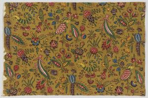 Fragment of printed cotton with small-scale design of exotic flowers and fantastical insects in blue, green, yellow, and many shades of purple, red and pink on a puce ground.